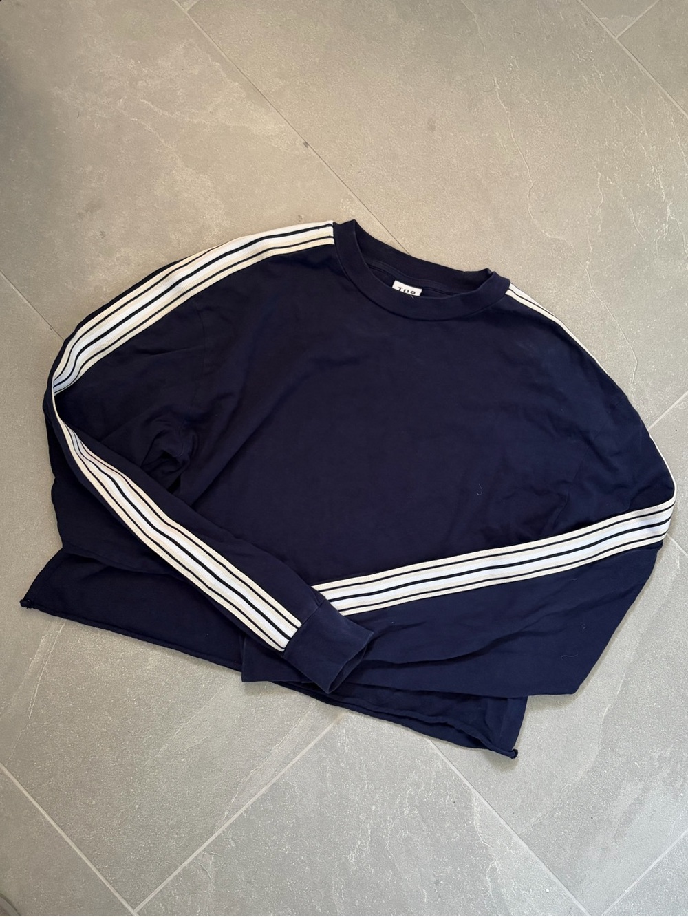 TNA Navy Cropped Crewneck Sweatshirt with White Stripes